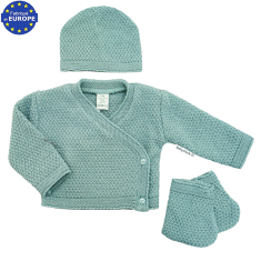 Ensemble brassière, bonnet + chaussons en maille vert sauge