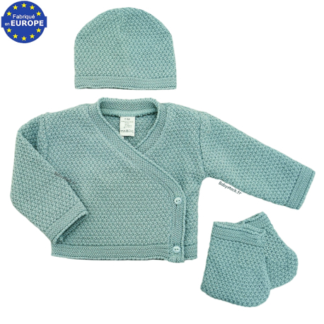 Ensemble brassière, bonnet + chaussons en maille vert sauge