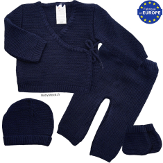 Ensemble maille 4 pièces brassière caleçon bonnet chaussons marine