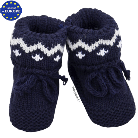 Chaussons bébé unisexe en maille tricot jacquard marine
