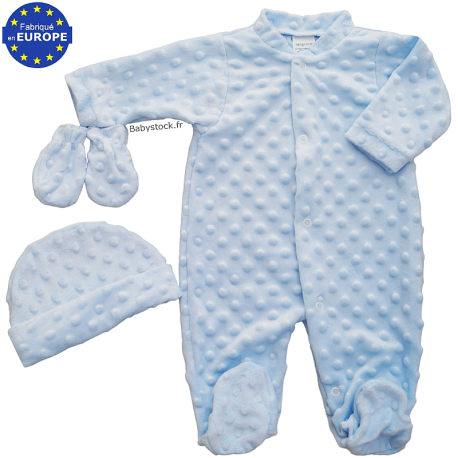 Ensemble pyjama bonnet moufles garçon en fourrure minky bleu