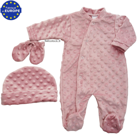 Ensemble pyjama bonnet moufles fille en fourrure minky rose the Babystock