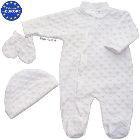 Ensemble pyjama bonnet moufles unisexe en fourrure minky blanc