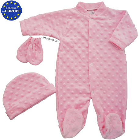 Ensemble pyjama bonnet moufles fille en fourrure minky rose
