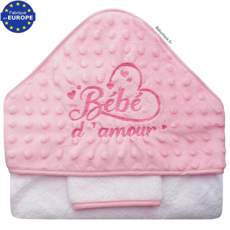 Grande sortie de bain fille en minky rose brodée Bébé d'amour 