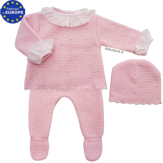 Ensemble b&eacute;b&eacute; fille 3 pi&egrave;ces en maille rose et volants dentelle