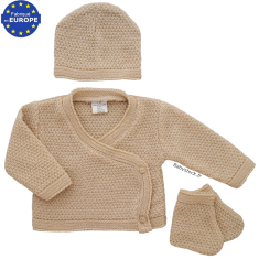 Ensemble brassière, bonnet + chaussons en maille fantaisie beige