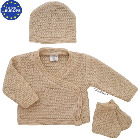 Ensemble brassière, bonnet + chaussons en maille fantaisie beige
