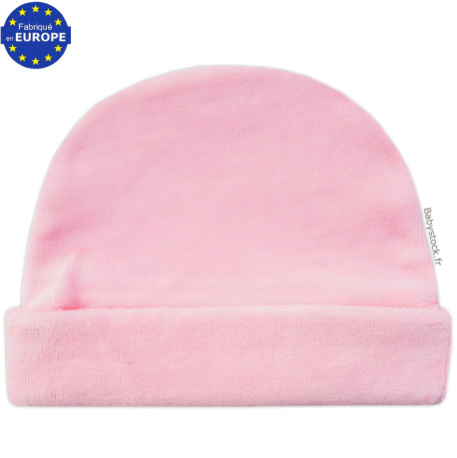 Bonnet naissance pour bébé fille en velours rose
