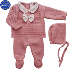Ensemble 3 pièces pour bébé fille en maille rose thé et col fleuri