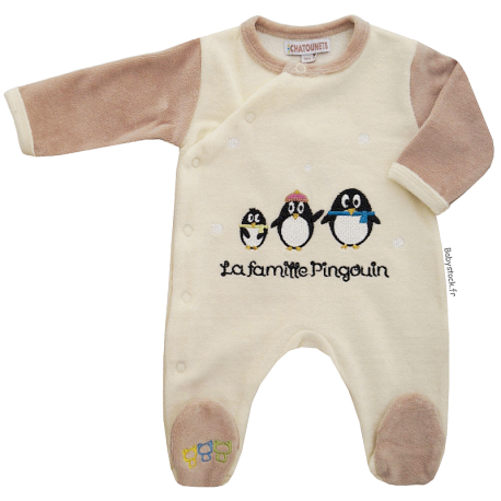 Pyjama bébé mixte velours crème beige brodé famille Pingouin