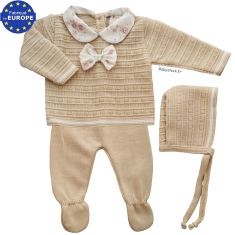 Ensemble 3 pièces pour bébé fille en maille beige et col fleuri