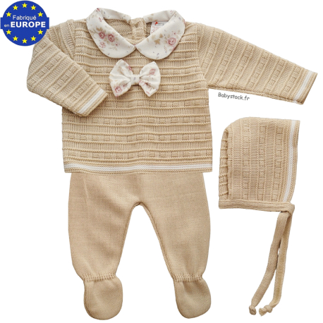 Ensemble 3 pièces pour bébé fille en maille beige et col fleuri