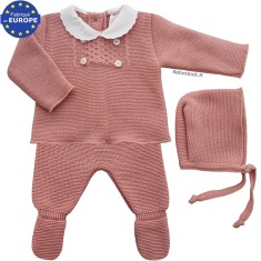 Ensemble fille 3 pièces maille mousse rose thé et col festonné