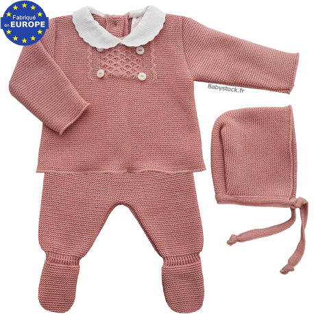 Ensemble fille 3 pièces maille mousse rose thé et col festonné