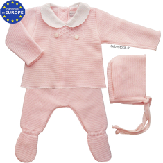 Ensemble fille 3 pièces en maille mousse rose et col festonné