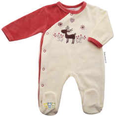 Pyjama dors bien en velours crème et rouge brique brodé Renne