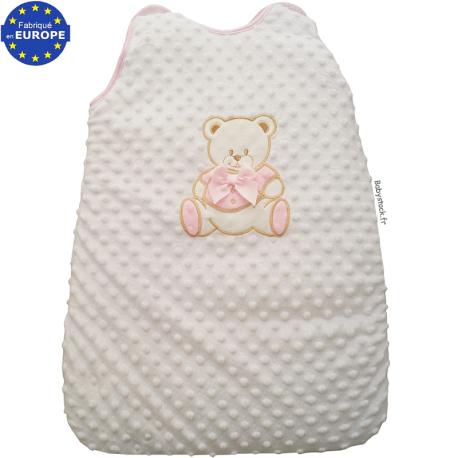 Gigoteuse fille fourrure minky blanc brodé Ourson rose 0/6 mois