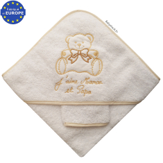 Sortie bain bébé éponge brodée J'aime Maman et Papa crème