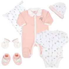 Kit naissance fille en velours / coton blanc / rose Fleurs 6 pièces