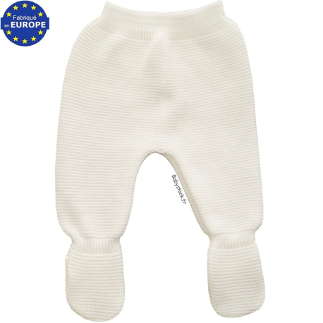 Pantalon bébé naissance à pieds en maille acrylique blanc