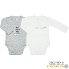 Lot 2 body jersey 100% coton Oeko-Tex blanc gris Bébé d'amour
