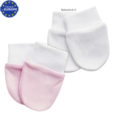 Lot 2 paires de moufles bébé fille en jersey coton blanc / rose