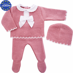 Ensemble b&eacute;b&eacute; fille maille bois de rose dentelle noeud satin 3 pi&egrave;ces