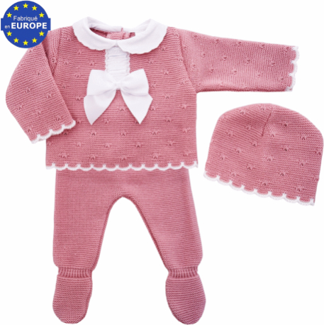 Ensemble b&eacute;b&eacute; fille maille bois de rose dentelle noeud satin 3 pi&egrave;ces