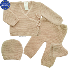 Ensemble maille 4 pièces brassière caleçon bonnet chaussons beige