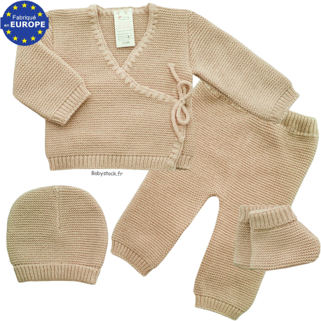 Ensemble maille 4 pièces brassière caleçon bonnet chaussons beige