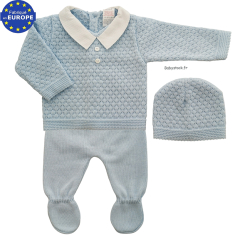 Ensemble bébé garçon en maille bleue et col piqué blanc 3 pièces