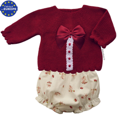 Ensemble bébé fille 2 pièces bloomer + pull en maille rose rubis
