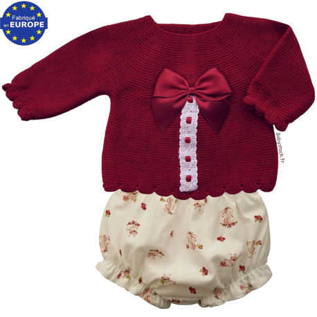 Ensemble bébé fille 2 pièces bloomer + pull en maille rose rubis