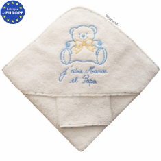 Sortie de bain bébé éponge brodée J'aime Maman et Papa bleu