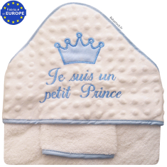 Grande sortie bain brodée Je suis un petit Prince minky blanc / bleu