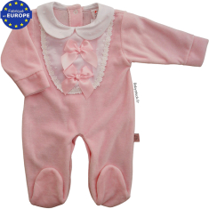 Pyjama bébé fille en velours rose, plastron plumetis et noeud satin