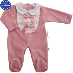 Pyjama fille velours bois de rose, plastron plumetis et noeud satin