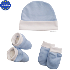 Kit naissance bonnet + moufles + chaussons en coton bleu blanc