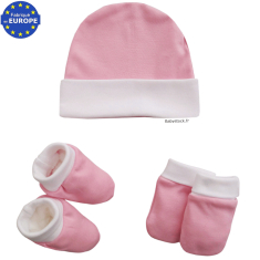 Kit naissance bonnet + moufles + chaussons en coton rose blanc