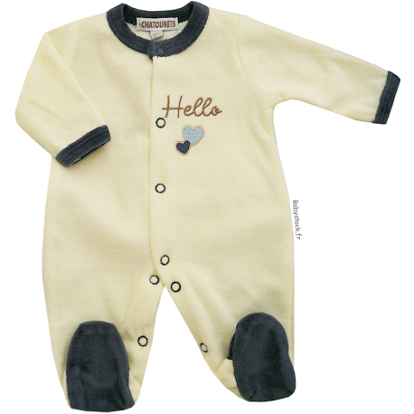 Pyjama bébé préma garçon 45-46cm en velours crème bleu Hello