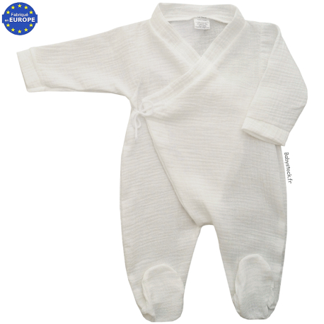 Grenouillère bébé mixte forme cache coeur en gaze de coton écru