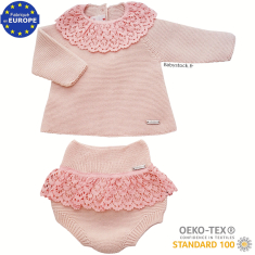 Ensemble bébé fille maille mousse 100% coton et dentelle rose 