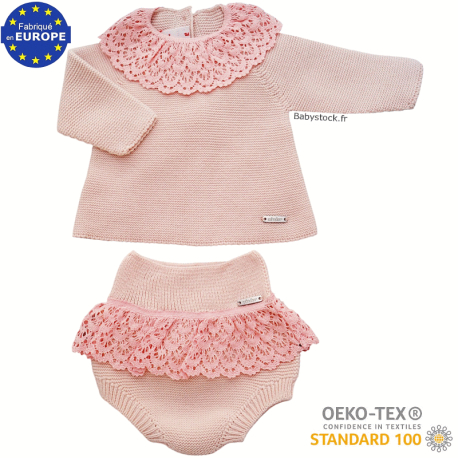 Ensemble bébé fille maille mousse 100% coton et dentelle rose 