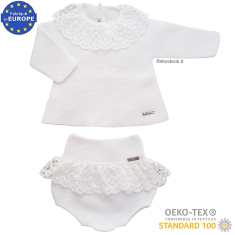 Ensemble bébé fille maille mousse 100% coton et dentelle blanc