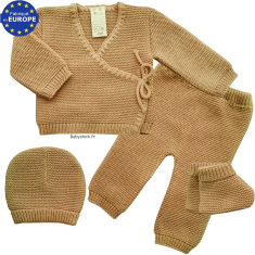Ensemble maille 4 pièces brassière legging bonnet chaussons caramel