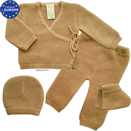 Ensemble maille 4 pièces brassière legging bonnet chaussons caramel