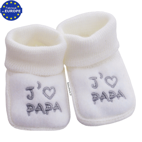 Chaussons bébé mixte en maille brodée J'aime PAPA blanc