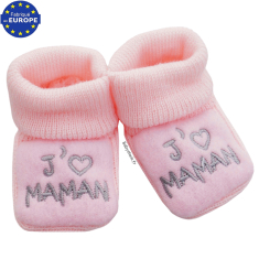 Chaussons bébé fille en maille brodés J'aime MAMAN rose