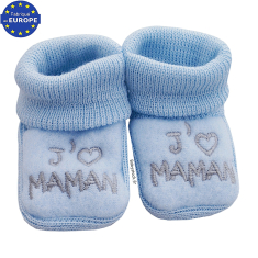 Chaussons bébé garçon en maille brodés J'aime MAMAN bleu